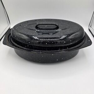Vintage Black Speckled Enamelware Oval Roasting Pan with Lid 13in Granite Ware